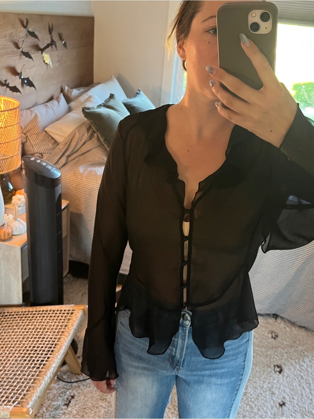 Aritzia Sheer Black Ruffle Hem Button-Front Women’s Top